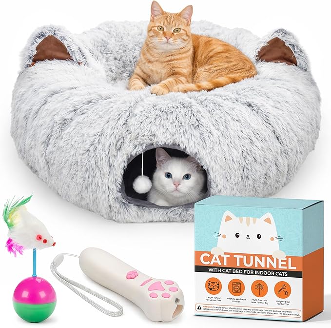 WiskaDen XL Plush Cat Tunnel Bed with Toy and Elderly Feline Access. 3-in-1 Light Grey Fluffy Donut Cushion with Ears. Circle Tube for Indoor Cats Leisure, Hiding Spot, Dog Bed, or Rabbit Cave