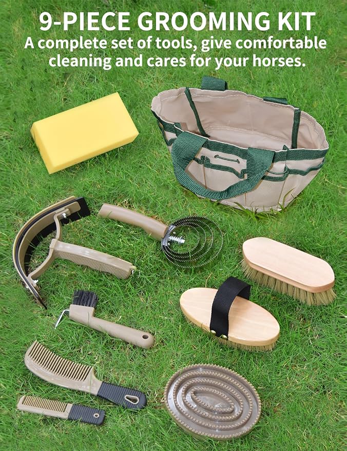 Professional 10 Pieces Horse Grooming Kit with Tote Bag, Horse Brush & Curry Comb Set for Effective Grooming and Bathing, Equine Coat Care Tack Room Supplies, Horse Gifts for Girls