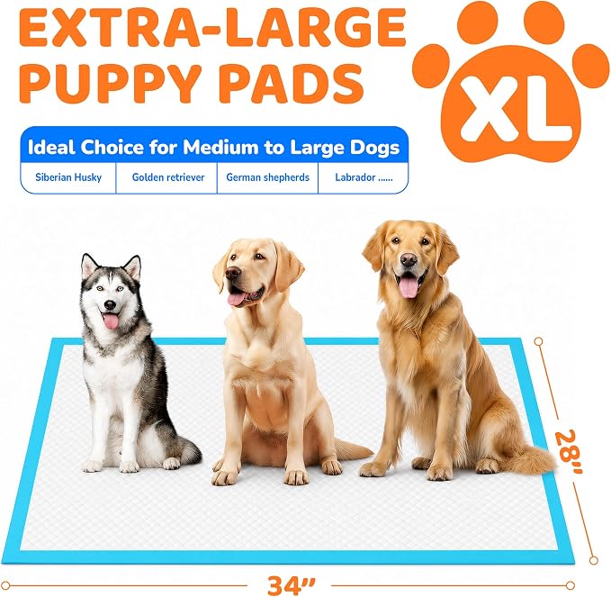 Puppy Pads 28"x34", Extra Large, Super Absorbent, 30 Count | Disposable Pee Pads for Dogs, Leak-Proof & Quick-Dry, Wee Wee Pads for Dogs, Potty Pads for Dogs, Dog Training Pads