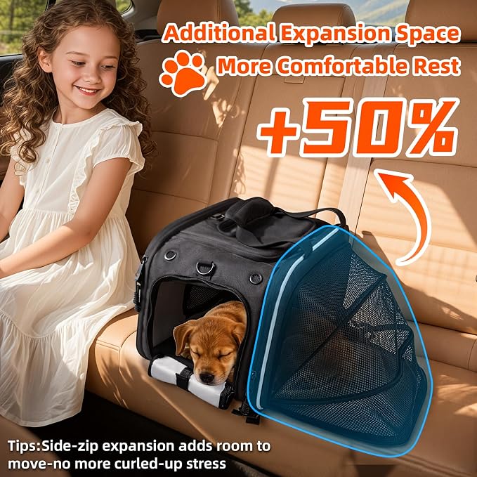 Motorcycle Dog Carrier, Expandable Airline Approved Pet Carrier with Stable Frame, Collapsible Soft-Sided Travel Puppy Shoulder Bag for Small Cats and Dogs Under 17 lbs