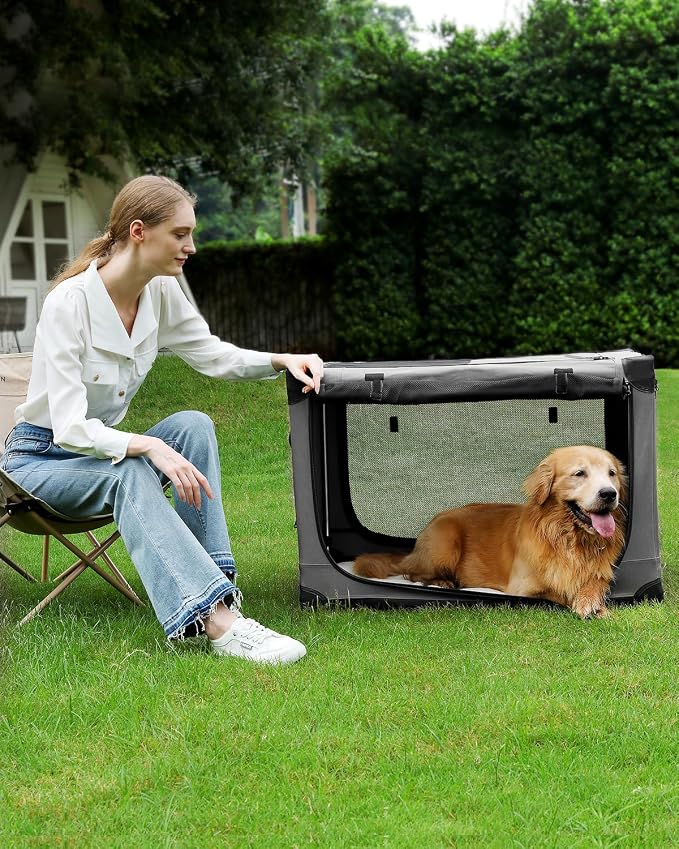 Veraste 24" Soft Collapsible Travel Dog Crate for Small Medium Pets,Grey | 4-Door Foldable Travel Crate,breathable mesh, foldable with storage bag