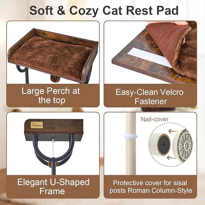 FourFurPets Cat Tree for Large Cats, Modern Cat Tree Tower with Scratching Post, 74" Wooden Cat Tower for Multiple Adult Cats, Cat Condo for Adult Cats, 4 Large Perch, 1 Cat Caves, Rustic Brown