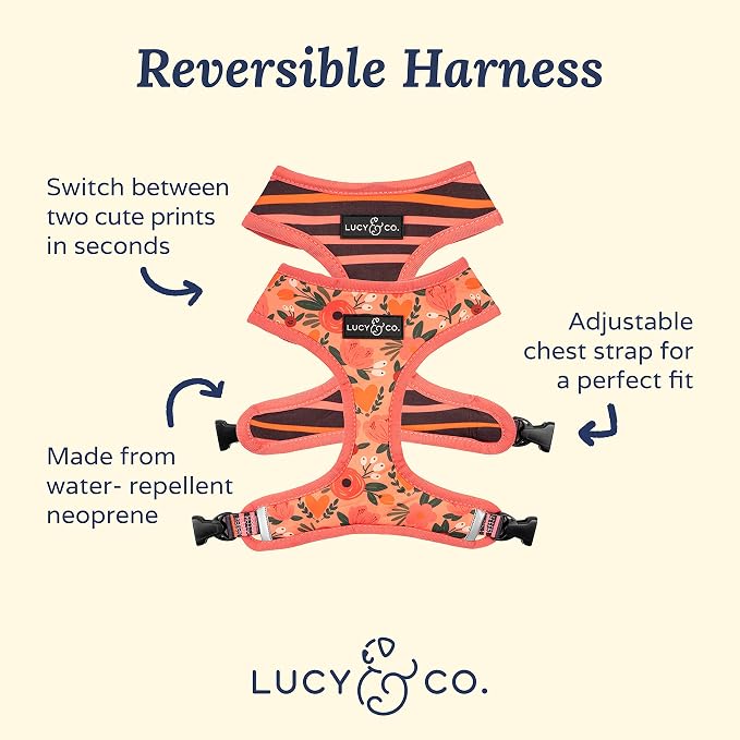 Lucy & Co. Reversible Dog Harness - Water-Repellent Neoprene, Dual-Print Design, Easy Swap Style, Adjustable Comfort Fit - Posy Pink Reversible Harness - Medium