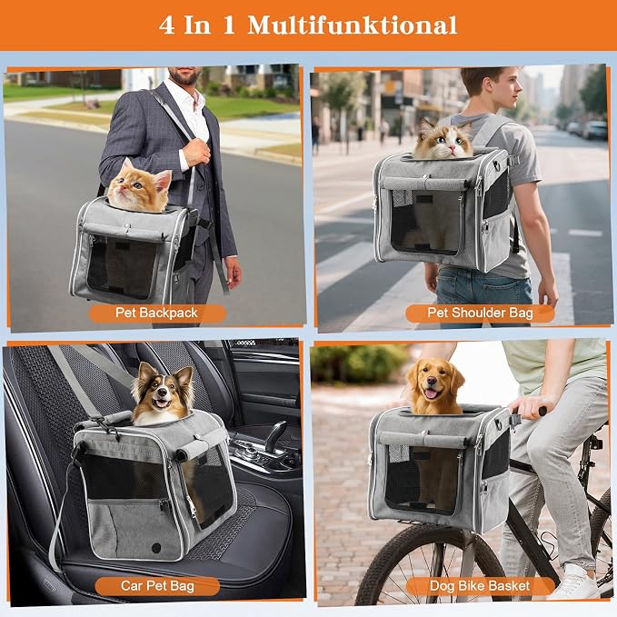 Xixter Dog Basket for Bike, Suitable for Small & Medium Pet Up to 10 kg, Foldable 4-in-1 Pet Bike Basket, Crossbody, Shoulder and Car Seat, with Sturdy Bracket and 4 Mesh Windows, Gray