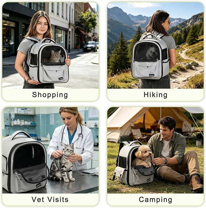 Cat Carrier Dog Backpack Carrier with Anti-Collapse Bottom (Light Gray) | Dog Carrier Mesh Backpack Breathable Pet Travel Bag with Sun Shade, Locking Zippers, Ergonomic Support for Hiking, Vet, Car