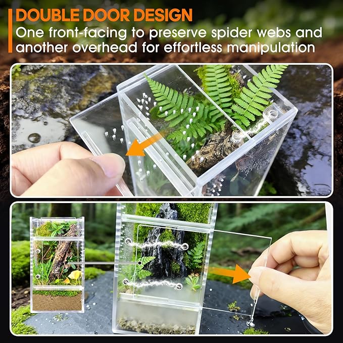 Jumping Spider Enclosure, Small Acrylic Spider Terrarium, Tarantula Spider Box, Magnetic Front & Top Opening, Bug Habitat for Jumping Spiders, Tarantulas, Praying Mantis, Snails