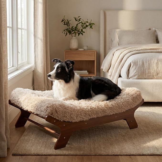Elevated Wood Dog Bed Frame Mat Set, WalnutPattern, Large | Raised Sturdy Attractive Dog Sofa Couch Furniture, 80 lb