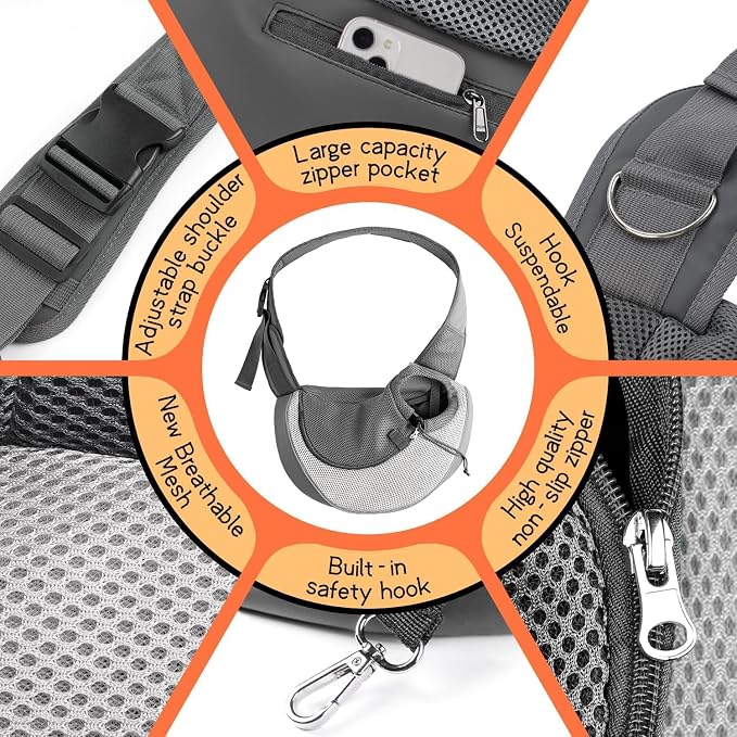 YUDODO Pet Sling Carrier for 5-9 lbs Small Dogs Cat Puppy Crossbody Carrier | Hands-Free, Safety Hook, Large Zipper Pocket, Soft Breathable Mesh, Adjustable Strap, Reflective Strip, Grey, M