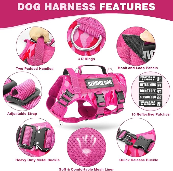 Tactical Dog Harness with Dog Leash, Service Working MOLLE Vest with 10 Pet Patches for Dog, No Pull Military Harness and Backpack for Training Hunting Walking