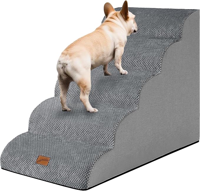 GoGoBunny Ramp Dog Stairs for High Beds 24.4" H, 5-Step Extra Wide Dog Slope Stairs with Durable Waterproof Fabric Cover, Pet Steps for Old Large Dogs Climbing, Non-Slip Sturdy Indoor Step, Grey