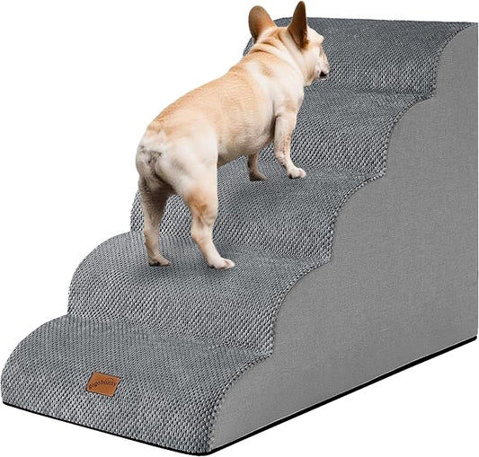 GoGoBunny Ramp Dog Stairs for High Beds 24.4" H, 5-Step Extra Wide Dog Slope Stairs with Durable Waterproof Fabric Cover, Pet Steps for Old Large Dogs Climbing, Non-Slip Sturdy Indoor Step, Grey