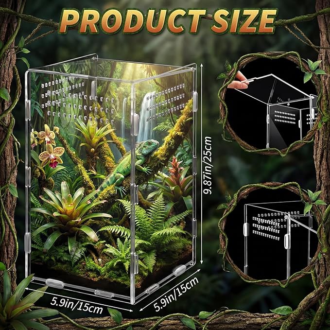 Hushee 2 Pcs Acrylic Reptile Terrarium Easy Assembly, 360° Clear & Keep Pet Secure Design for Jumping Spiders, Tarantulas, Frog, Mantis, Geckos, Ventilated Habitat Terrarium Enclosure 9.8*5.9*5.9in