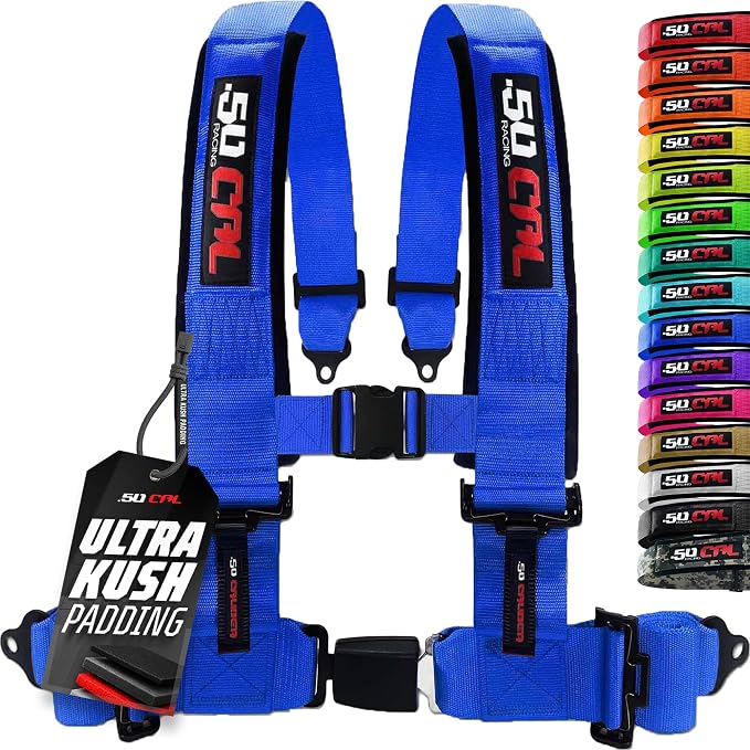 1pc 50 Cal Blue 4 Point Harness 3in Straps, Racing Harness Seat Belt | Ultra Kush padding, Push Button quick release hardware. Universal Fit for UTV, RZR, race car.