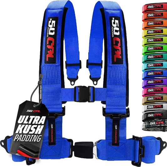 1pc 50 Cal Blue 4 Point Harness 3in Straps, Racing Harness Seat Belt | Ultra Kush padding, Push Button quick release hardware. Universal Fit for UTV, RZR, race car.