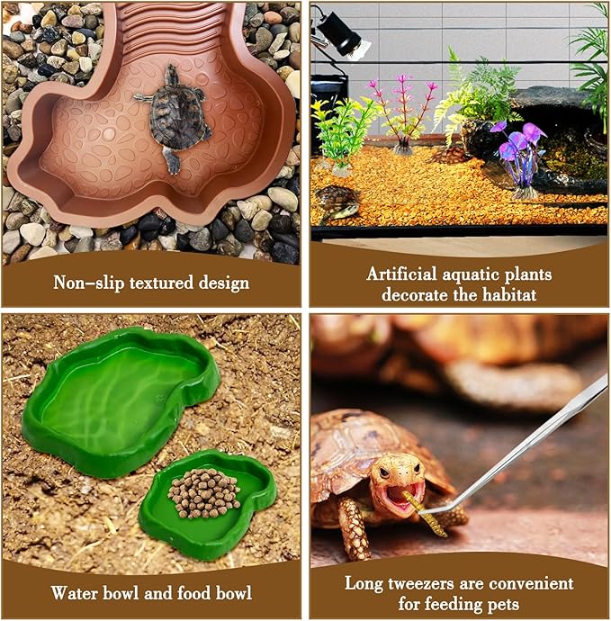 7 Pcs Reptile Bathing Pool 2-in-1 Tortoise Water Dish with Ramp Large Turtle Feeding Bowl with Steps Gecko Habitat Decoration Accessories Lizard Bath Tub