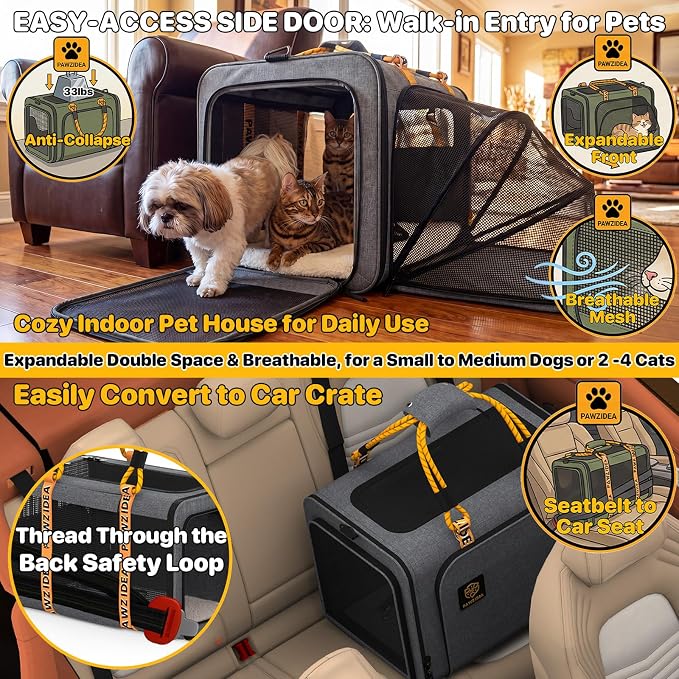 PAWZIDEA Expandable Large Pet Carrier, Soft-Sided 2–4 Cats Carrier Up 55lbs | 24"×16"×16" Collapsible Small to Medium Dog Carrier Travle Bag, Portable Dog Crate for Car Travel, Breathable, Storage Pocket