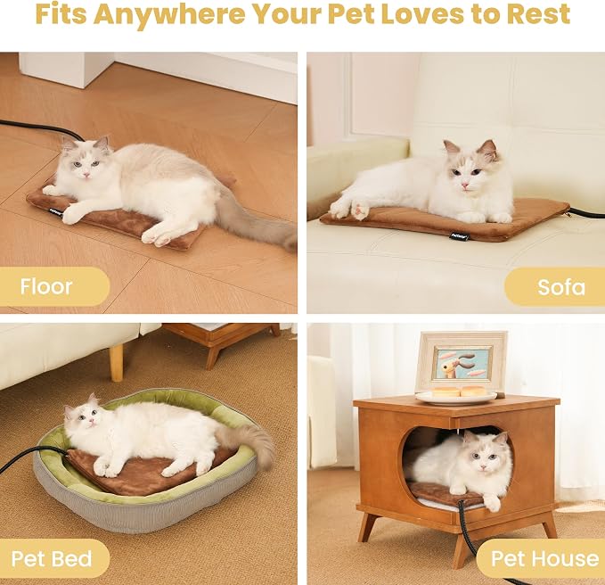 Pet Heating Pad for Cats Dogs Indoor & Sheltered Outdoor Waterproof Heated Cat Bed Heated Dog Bed Chew Resistant Cord Constant Temperature Brown 16 x 13 Inch
