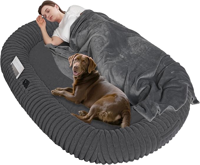 Human Dog Bed for Adult, Orthopedic Gel Memory Foam, 71"x47"x9" | Human Dog Bed Fits Adult & Pets, Reversible Egg-Crate Foam Cushion, Washable Pet Bed with Blanket, Dark Grey