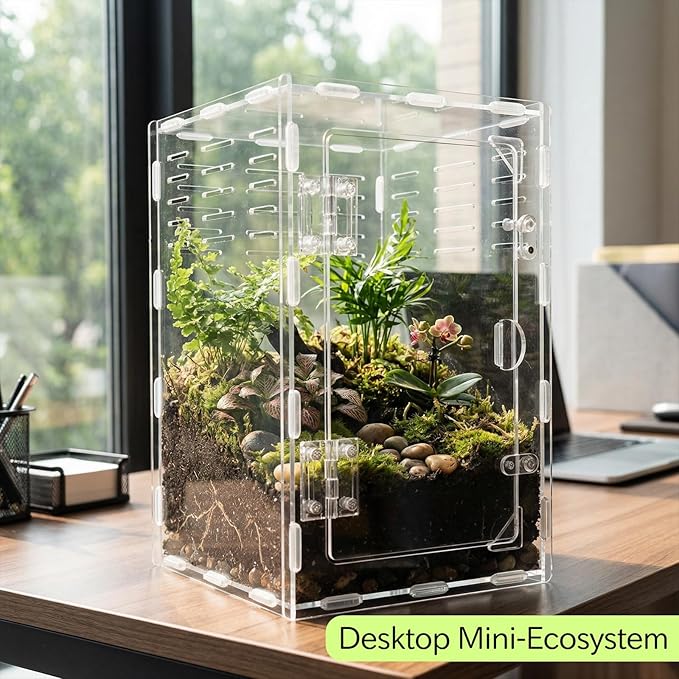 11.8 Inch Jumping Spider Enclosure, Desktop Micro Terrarium, Breeding Box, 360° Clear Acrylic Insect Habitat, 3-Side Ventilation, Easy Assembly, for Mantis, Tarantula, Snail, Small Reptiles, Plants