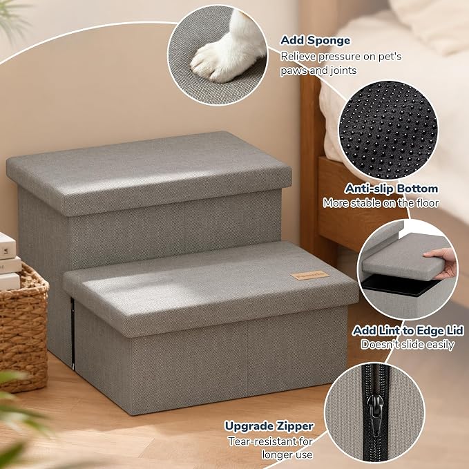2-Step Wide Dog Stairs with Storage 11" H, Non-Slip Sturdy Pet Steps for Couch Chair, Dog Steps for Small/Medium Old Dogs, Cats, Rabbits Up to 150lbs, Foldable Cat Puppy Stairs for Car, Grey