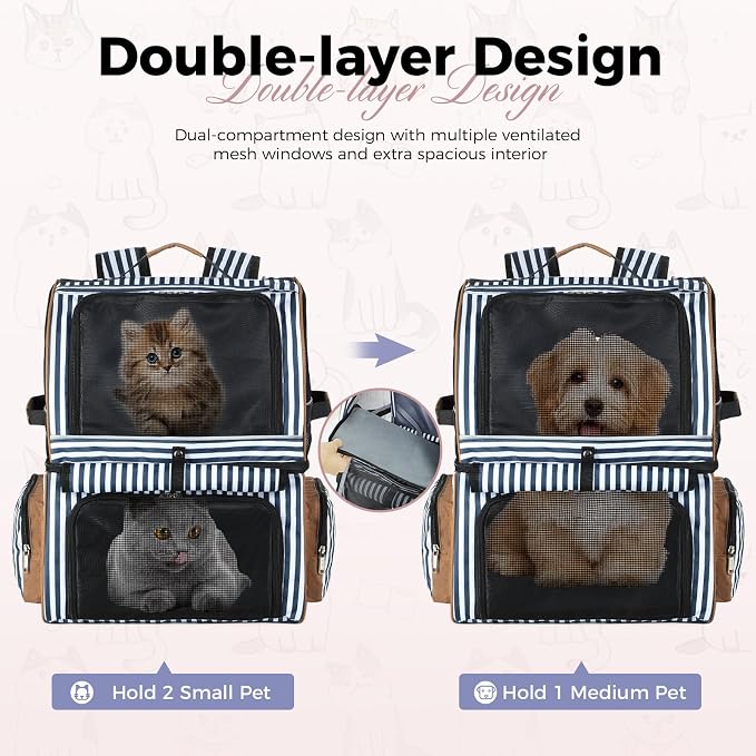 Double Cat Backpack Carrier for 2 Cats, Double-Compartment Pet Carrier Backpack for 2 Small Cat or One Medium Cat, Cats Carrier Backpack Dog Carrier Backpack Fits Up to 24 Lbs,Blue Striped