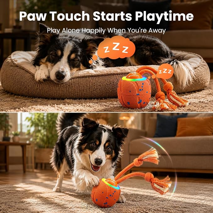 Smart Interactive Dog Toys, 3 Modes Automatic Rolling Ball, Chase Pet Toy with Rope & Barking Sound, Chew Resistant E-TPU, IPX7 Waterproof Rechargeable Ball for Medium Large Dogs, Orange