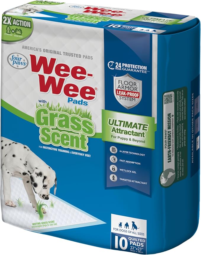 Four Paws Wee-Wee Ultimate Attractant Grass Scented Pee Pads for Dogs & Puppies, Leak-Proof Dog Housebreaking Instinctive Potty Training Floor Protection, 22" x 23", 10 Count (Pack of 12)