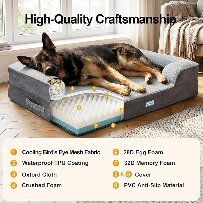 OhGeni Orthopedic Cooling Dog Bed Couch, Memory Foam, 44-inch (Cool Gray) | Cooling Big Pet Sofa for Extra Large Sized Pets with Machine-Washable Waterproof Removable Cover & Soft Comfortable Fabric