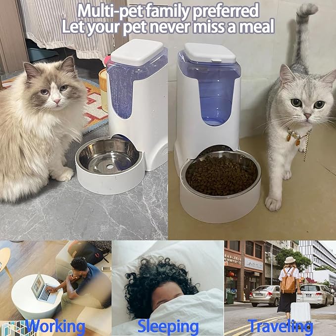 Distributeur automatique de nourriture et d'eau Hamiledyi Pets 2,8 L et 4 L avec gamelle en acier inoxydable pour chiens et chats de taille moyenne et grande (blanc)