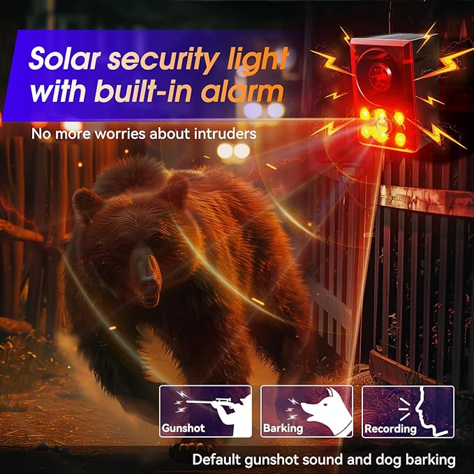Solar Outdoor Motion Sensor Alarm - Dog Barking & Gunshot Sound, Support Recording and Volume Adjustment, 130dB Noise with Flashing Light to Deter Raccoon, Deer, Skunk, Bear, Coyote