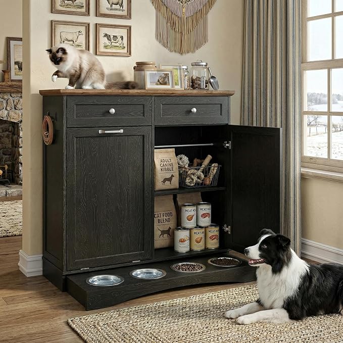 Furnaza Pet Feeding Station with 4 Bowls,Dual Doors Dog Cabinet Storage | Black 39.7"W Dual Doors Pet feeding station with storage for dogs and cats, Pet Food Storage for Kitchen, Living Room