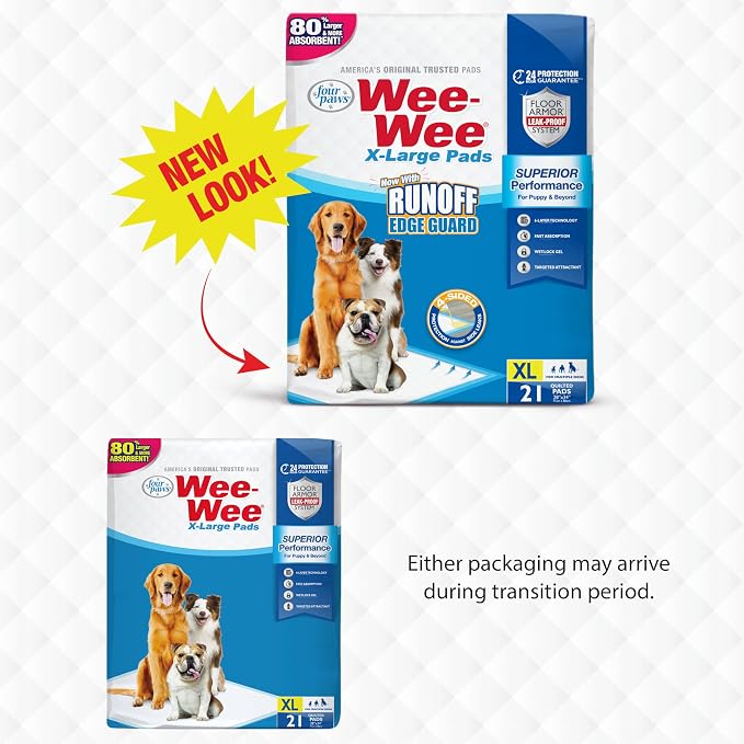 Four Paws Wee-Wee Superior Performance X-Large Dog Pee Pads, 21 Count | Puppy & dog potty training pads, housebreaking supplies, xl puppy pads, pet supplies, 24-hour floor protection, 28" x 34"