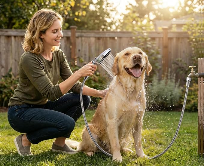 G-Promise 3 Mode Dog Shower Attachment with Pause Mode | High Pressure, Built-In Brush for Wash & Groom, Extra Long Hose, Easy Install, for Indoor & Outdoor Use