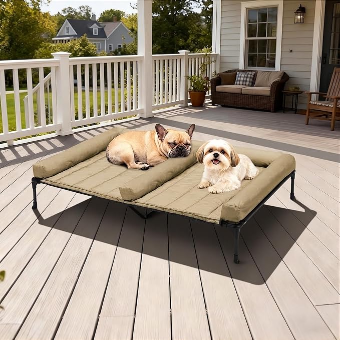 Veehoo Elevated Dog Bed for 2 Dogs, Cooling Raised Dog Bed with Bolster Mat | Outdoor Double Dog Bed with Removable Waterproof Cushion, Breathable Mesh, Non-Slip Feet for Outdoor & Indoor, 49", Beige