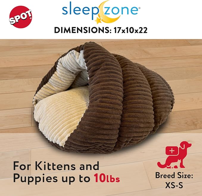 SPOT Sleep Zone Cuddle Cave - Cat Cave Bed for Indoor Cats and Mini Dogs, Durable, Comfortable, Washable for Kittens and Puppies Under 10 lbs and 12 inches Long, Corduroy Brown