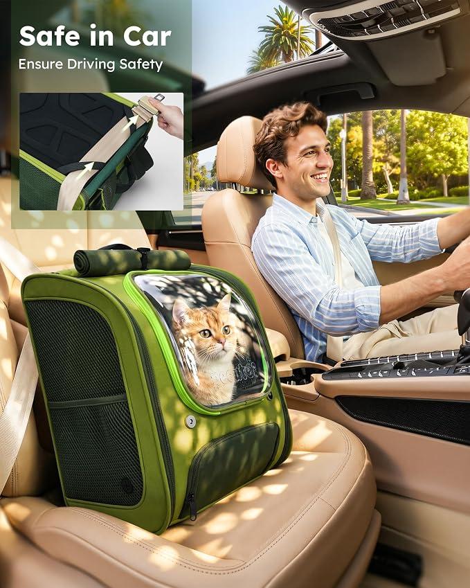 Pecute Cat Backpack Carrier,Large Space Cat Bubble Backpack,Ergonomic,Green | Upgraded Transparent Window Offers Greater Transparency,More Wear-Resistant,Sunshade curtain,Folding bowl,Ventilated