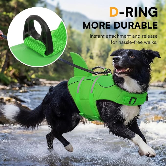 Dog Life Jacket High Flotation, Reflective Dog Life Vest for Swimming, Adjustable Dogs Life Preserver Rescue Handle Spring Summer Pool for Small, Medium, Large Dogs (BrightGreen,M)