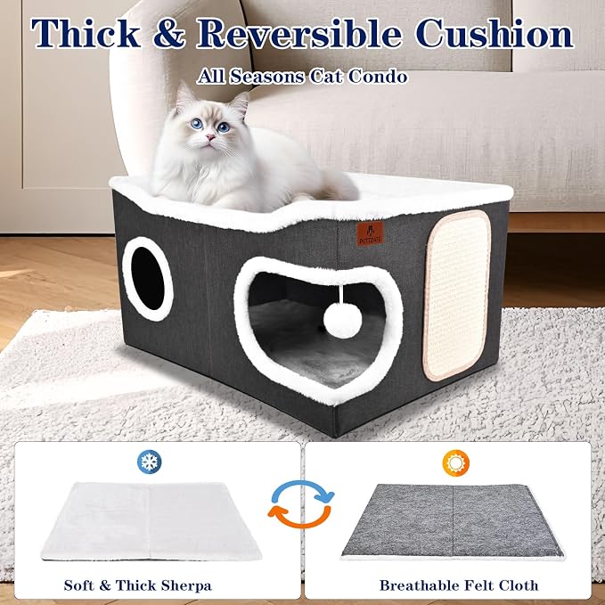 Extra Large Cat Beds for Indoor Cats, Covered Cat Cave Beds & Furniture with Scratch Pad and Fluffy Ball, Foldable Cat Condo with Reversible Cushion for Multi Small Pet Large Kittens, Dark Grey