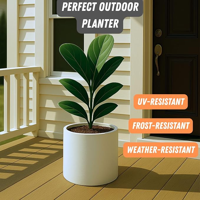Fox & Fern Large Indoor Planter, Modern Large Plant Pot for Indoor or Outdoor, UV and Frost Resistant - 8 Inch, Matte White Flower Pot with Drainage Plug, Lightweight