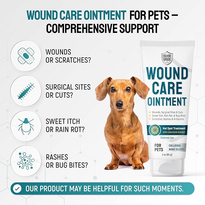 Dog Wound Care Ointment with Silver & Calendula – Aids with Scratches, Irritations, Bites – Feline & Canine Hot Spots Treatment in a Gel Form – Wound Antibiotic Ointment for Dogs & Cats in 2-oz Tube