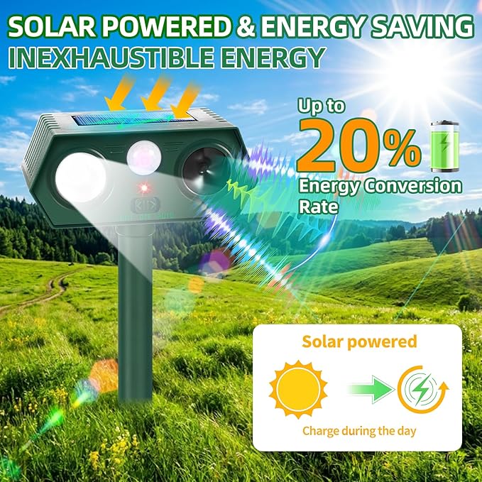 2 Pack Upgraded Solar Ultrasonic Animal Repellent Outdoor Sonic Deer Repellent Devices with Motion Sensor & Flashing Light Effective Cat, Squirrel, Raccoon, Rabbit Deterrent for Yard, Garden