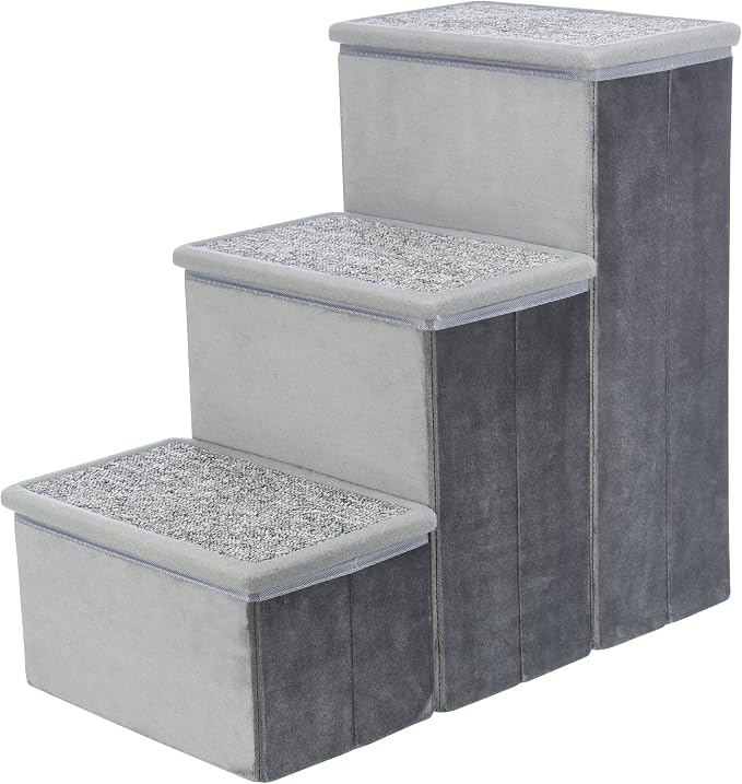 TRIXIE 3-Step Velour Pet Stairs, Gray | Collapsible, Storage Compartments for Pet Toys, Ideal for Small Dogs and Cats