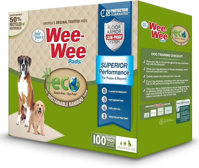 Four Paws Wee-Wee Superior Performance Eco Bamboo Dog Pee Pads, 100 Count | Earth friendly, bleach-free, dye-free, dog & puppy potty training pads, leak-proof, 24-hour protection pee pads, 22" x 23"