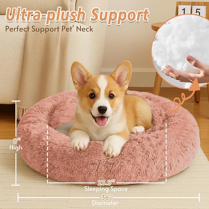 JOLLYVOGUE Calming Dog Beds Large Sized Dog, 36in Donut Washable Large Pet Bed, Anti-Slip & Anti-Anxiety Fluffy Faux Fur Round Dogs Bed, Fits up to 80 lbs Pets (Peach Pink)