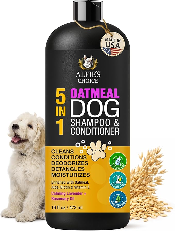 ALFIE'S CHOICE Oatmeal Dog Shampoo and Conditioner for Itchy Skin Relief | Puppy Shampoo for Sensitive Skin 5-in-1 | Cleans, Deodorizes & Detangles | Dog Wash for All Breeds | Made in USA | 16 fl oz