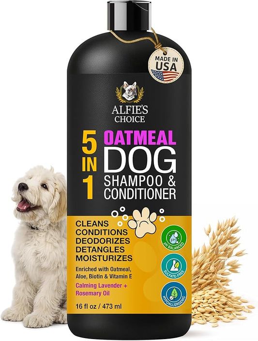 ALFIE'S CHOICE Oatmeal Dog Shampoo and Conditioner for Itchy Skin Relief | Puppy Shampoo for Sensitive Skin 5-in-1 | Cleans, Deodorizes & Detangles | Dog Wash for All Breeds | Made in USA | 16 fl oz