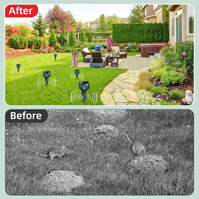 Mole Repellent Solar Powered, 8 Pack Snake & Skunk Repellent for Yard, IP 65 Waterproof Ultrasonic Deterrent Stakes, Get Rid for Rabbit, Gopher, Vole, Chipmunk, Deer, Groundhog for Lawns Garden