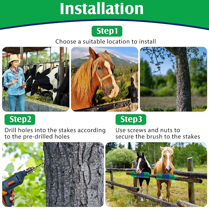 3 Pack Livestock Scratching Brush, Blue and Green | Animal Scratcher, Itch Relief Grooming, Horse Goat Cow Scratcher, Fence Post Mounting, Durable Bristles, Farm Livestock Care