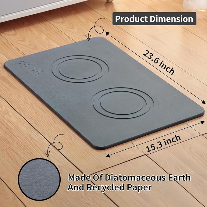 Diatomite Stone Pet Feeding Mat for Dog Cat Super Absorbent Diatomite Quick Drying Stone Dog Food Mat, Dog Mats for Food and Water with Non-Slip Station, Fast Dry Pet Mats, Deep Grey