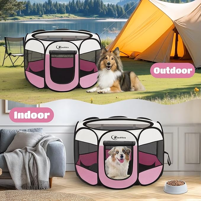 Sieidihit Dog Cat Pet Playpen Puppy Crate Cage Indoor Outdoor, Large Pink | Pet Nursing Enclosure Camping Rest Zone for Recovering Pets 600D waterproof polyester Oxford, Breathable double-layer mesh